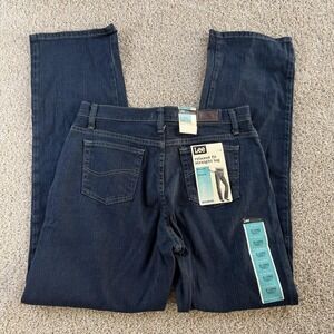 Lee Jeans Womens 8 Long Dark Wash Blue High Rise Relaxed Straight Stretch Denim